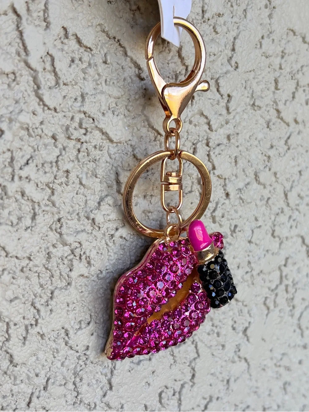 Glam Gold-Tone Hot Pink Crystal Lip & Lipstick Keychain